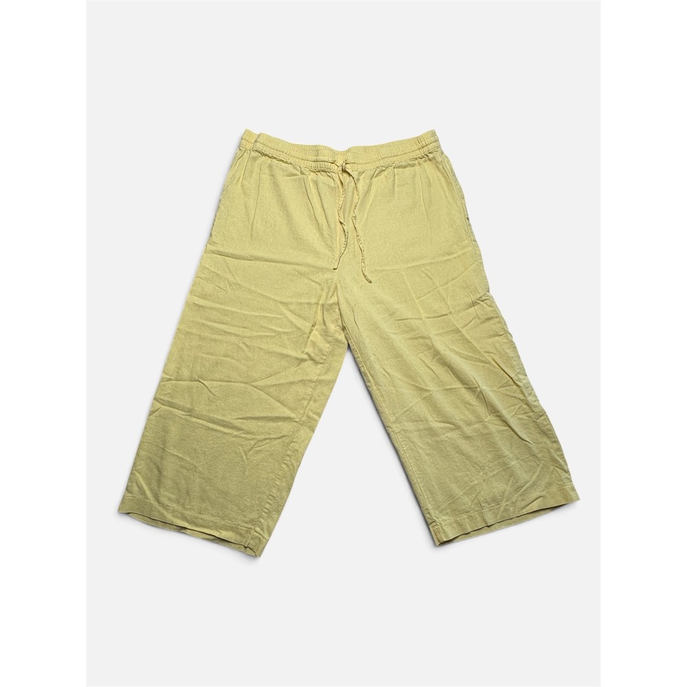 DKNY Womens XL Yellow Linen Blend Wide Leg Crop Pants Drawstring Pockets